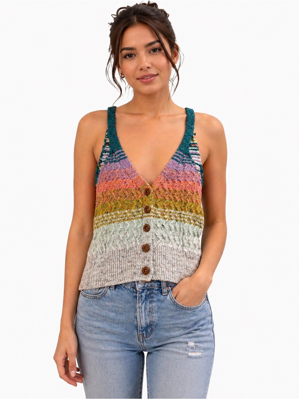 Pilcro Multicolored Striped Knit Button-Front Camisole